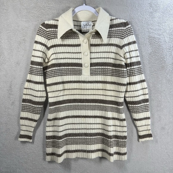 Jonathan Logan Sweaters - Jonathan Logan Wool Angora Sweater Cream 70s Collared Ivory Stripe‎ Ribbed Sz 13